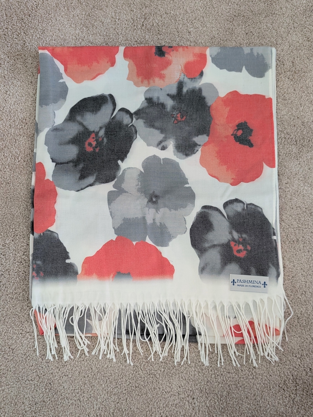 Pashmina Floral Fringe Scarf - Coral, Gray, Cream